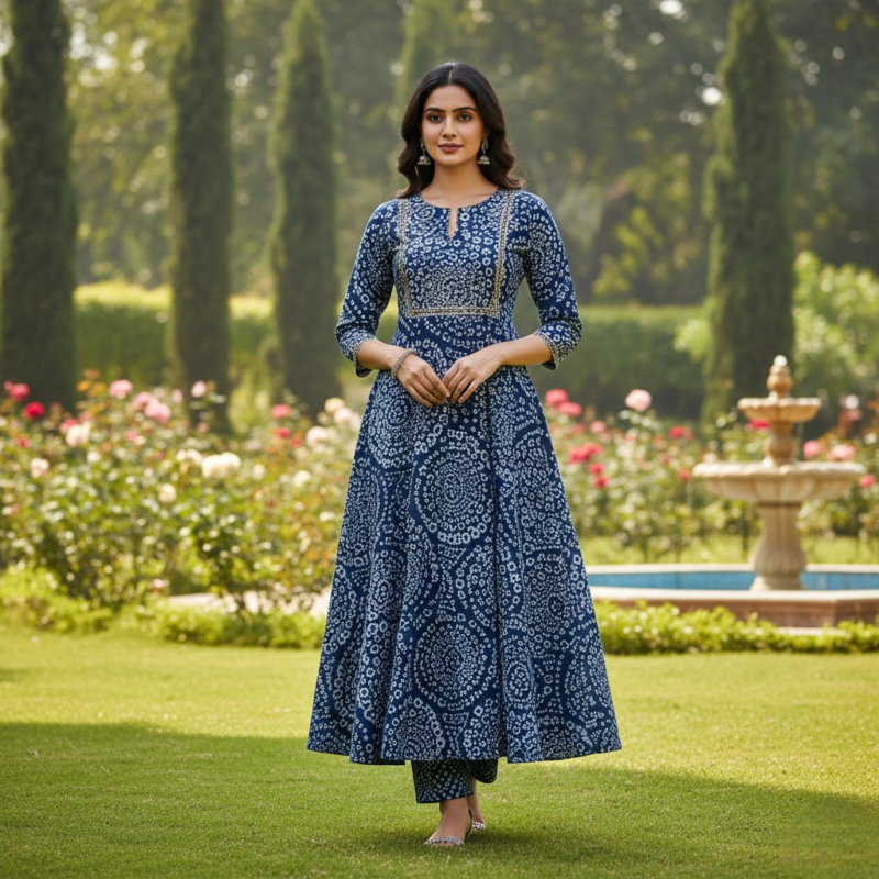 HMG Fashion Women’s Blue Printed Anarkali Kurti Set
